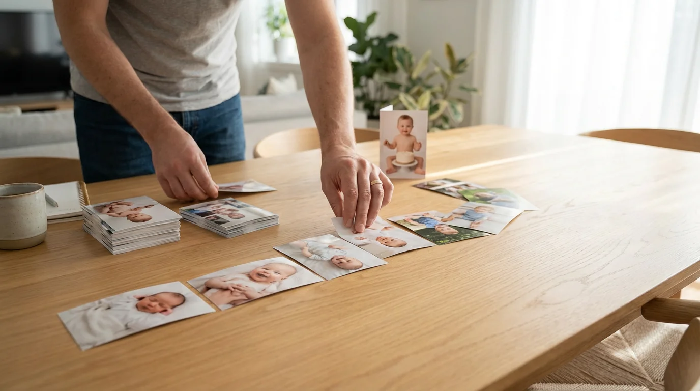 Parent's hands arranging a timeline of baby photos on a wooden table.