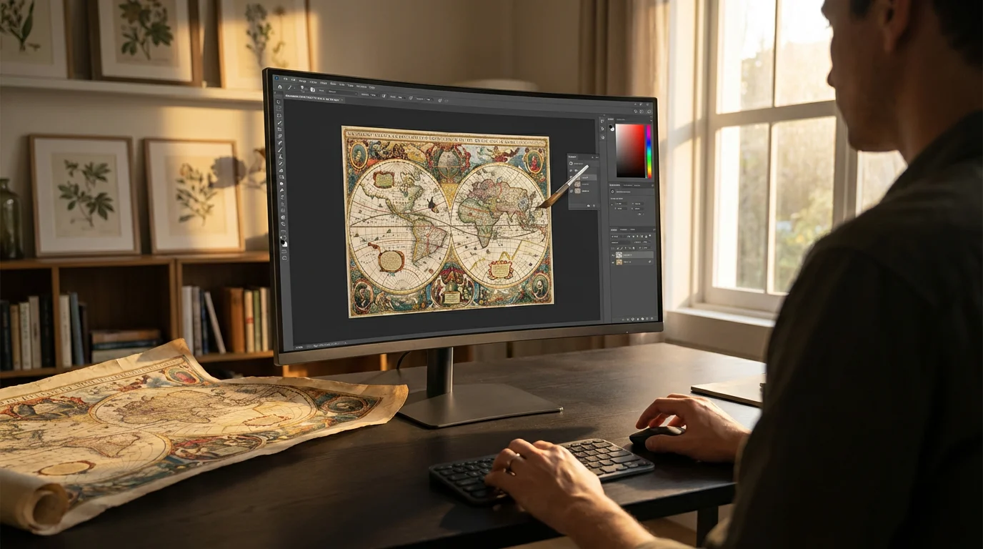 Person at a computer using editing software to stitch together scanned sections of a map.