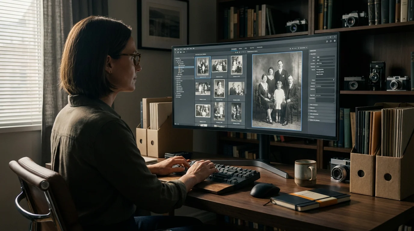 Person at a desk adding archival metadata to a scanned vintage photograph on a computer.