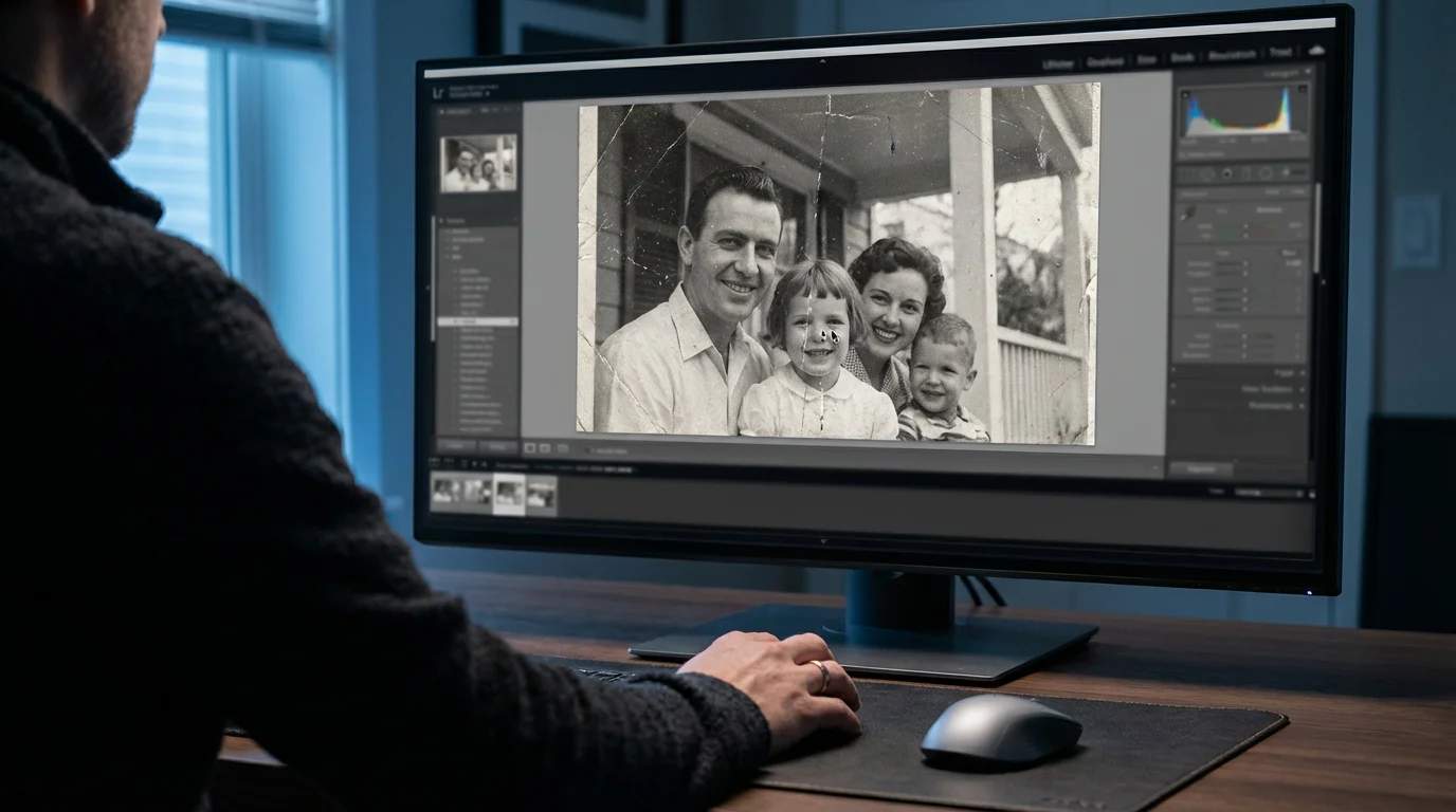 Person at a desk editing a scanned vintage black-and-white photo on a computer monitor.