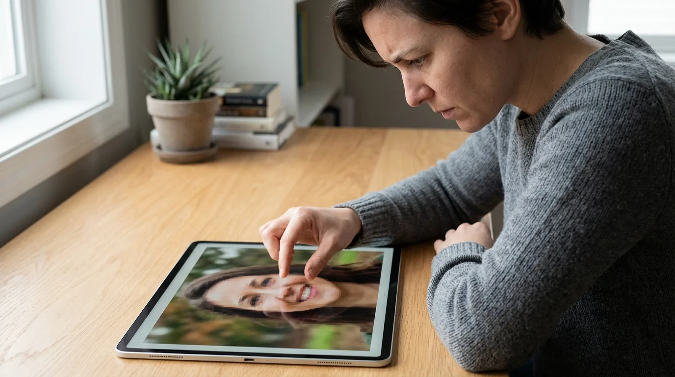 Person at a desk examining a blurry portrait on a tablet screen.