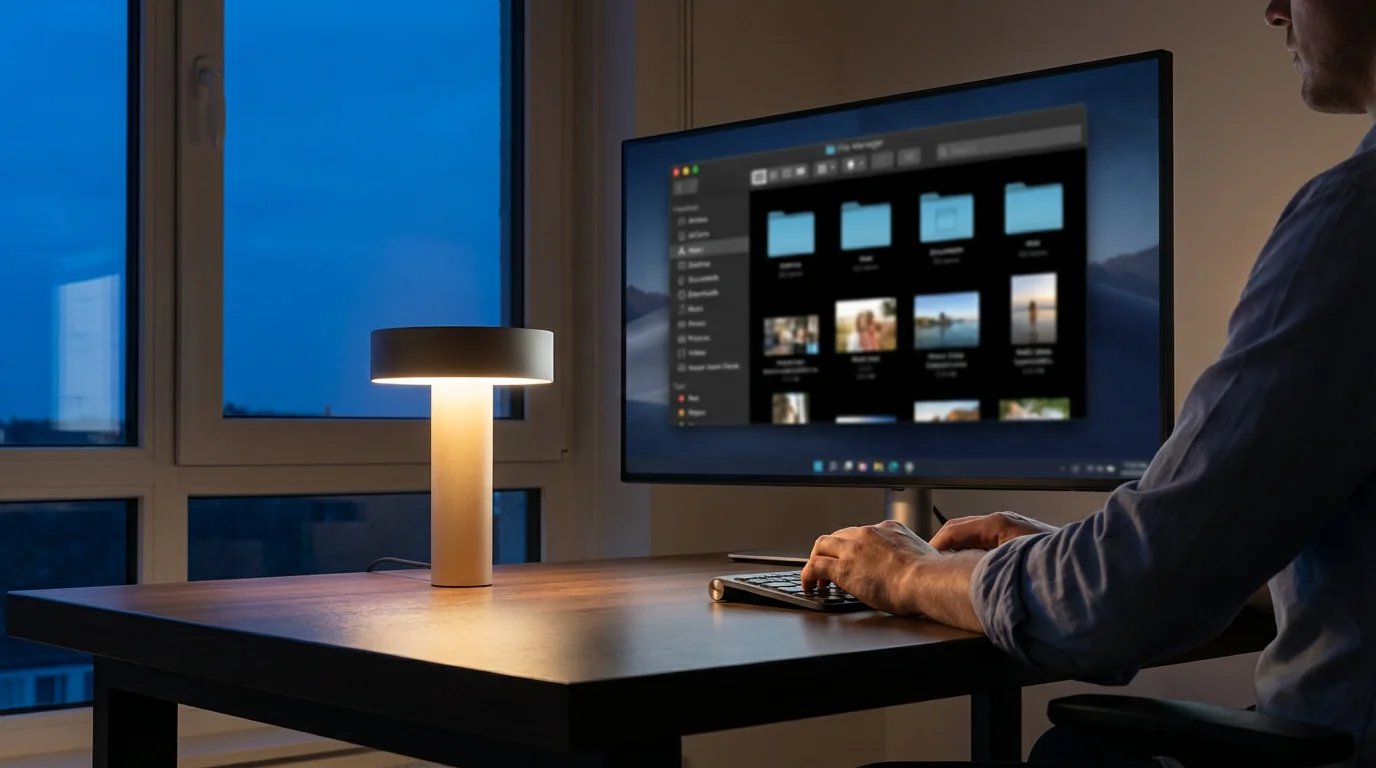 Person at a desk in the evening, organizing a digital family photo archive on a computer.