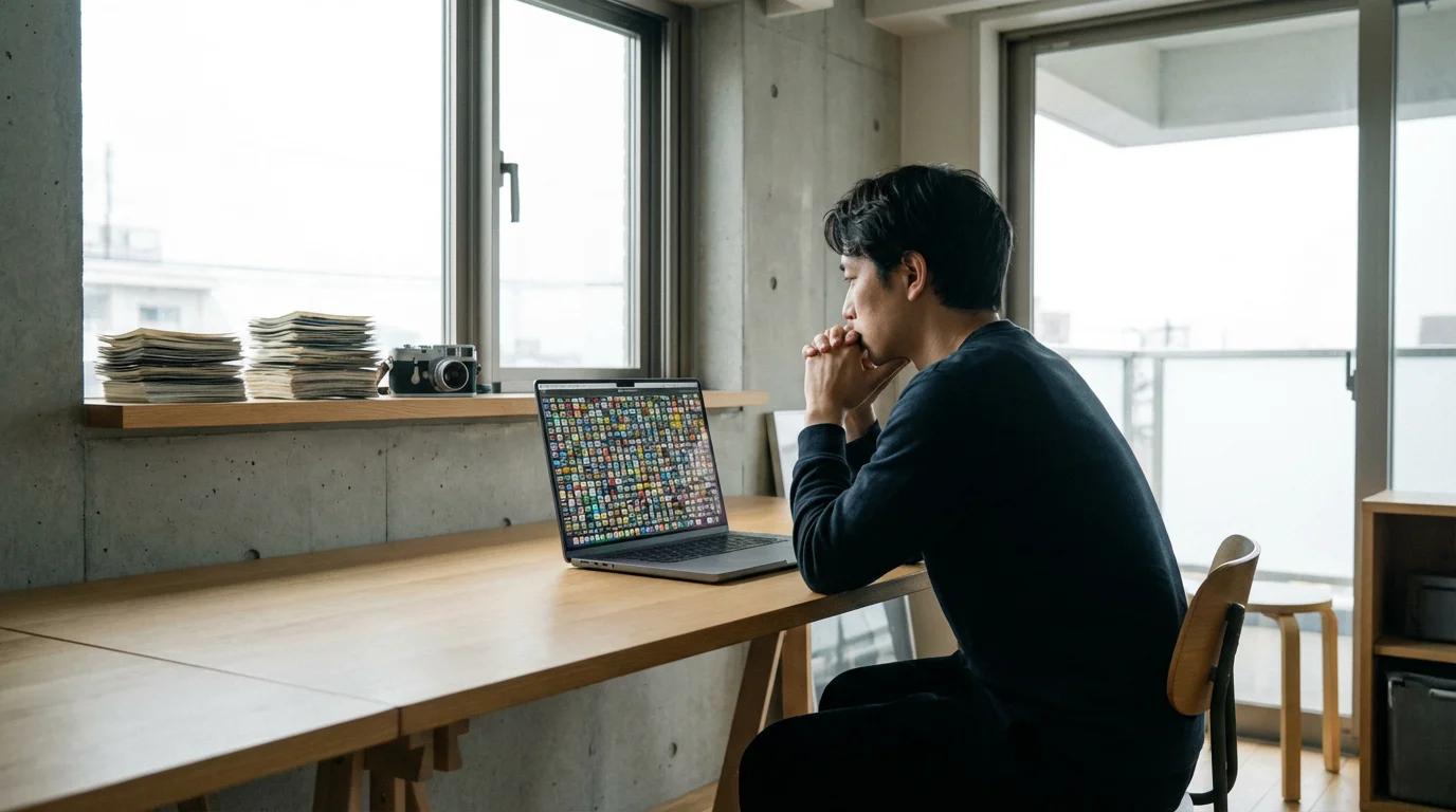 Person at a desk looking at a laptop filled with thousands of disorganized photos.
