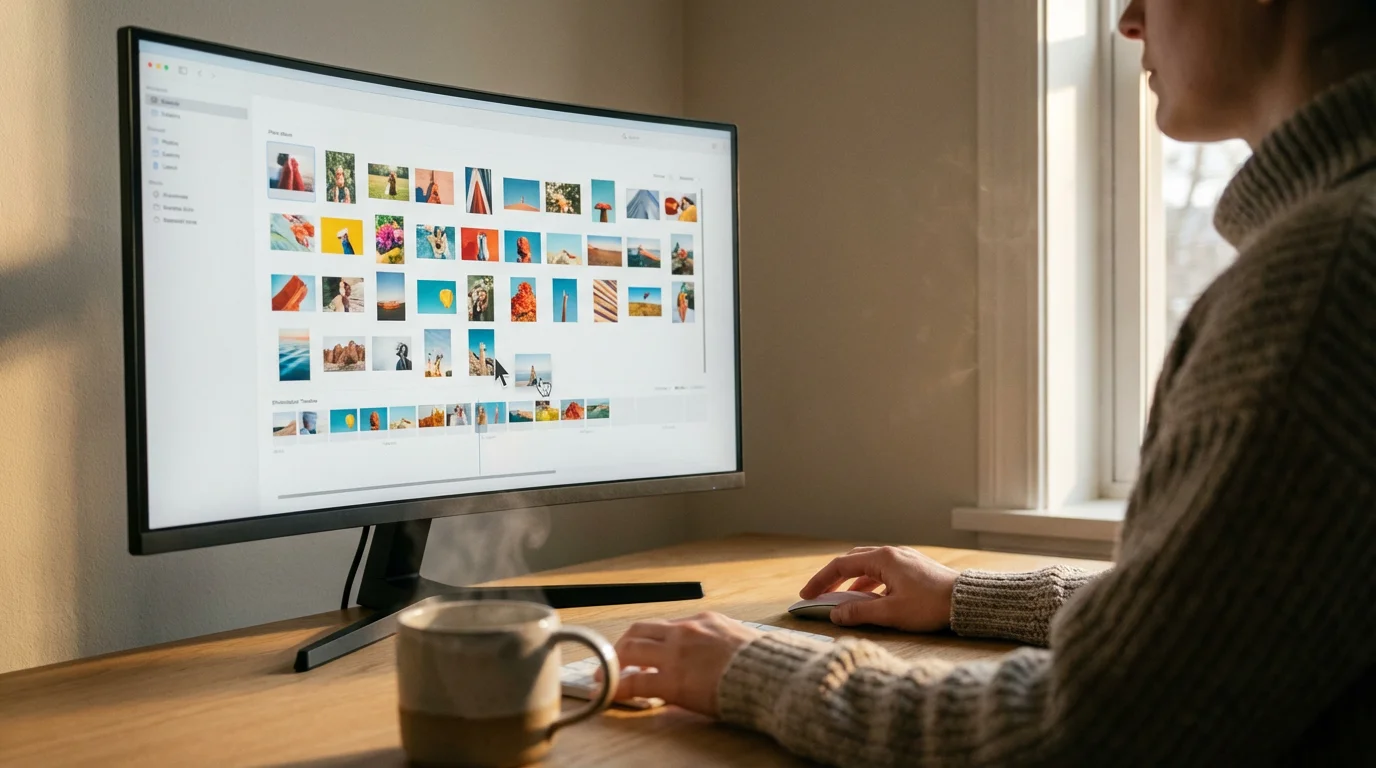 Person at a desk organizing digital photo thumbnails on a large computer monitor.