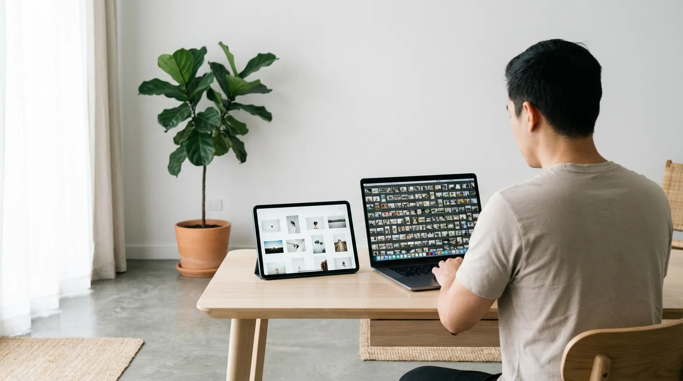 Person at a modern desk comparing photo organization software on a laptop and tablet.