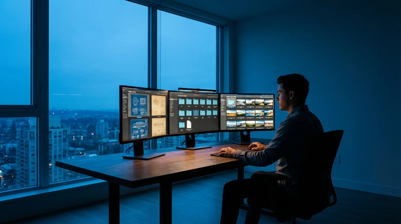 Person at a multi-monitor computer organizing large digital files in a modern office.