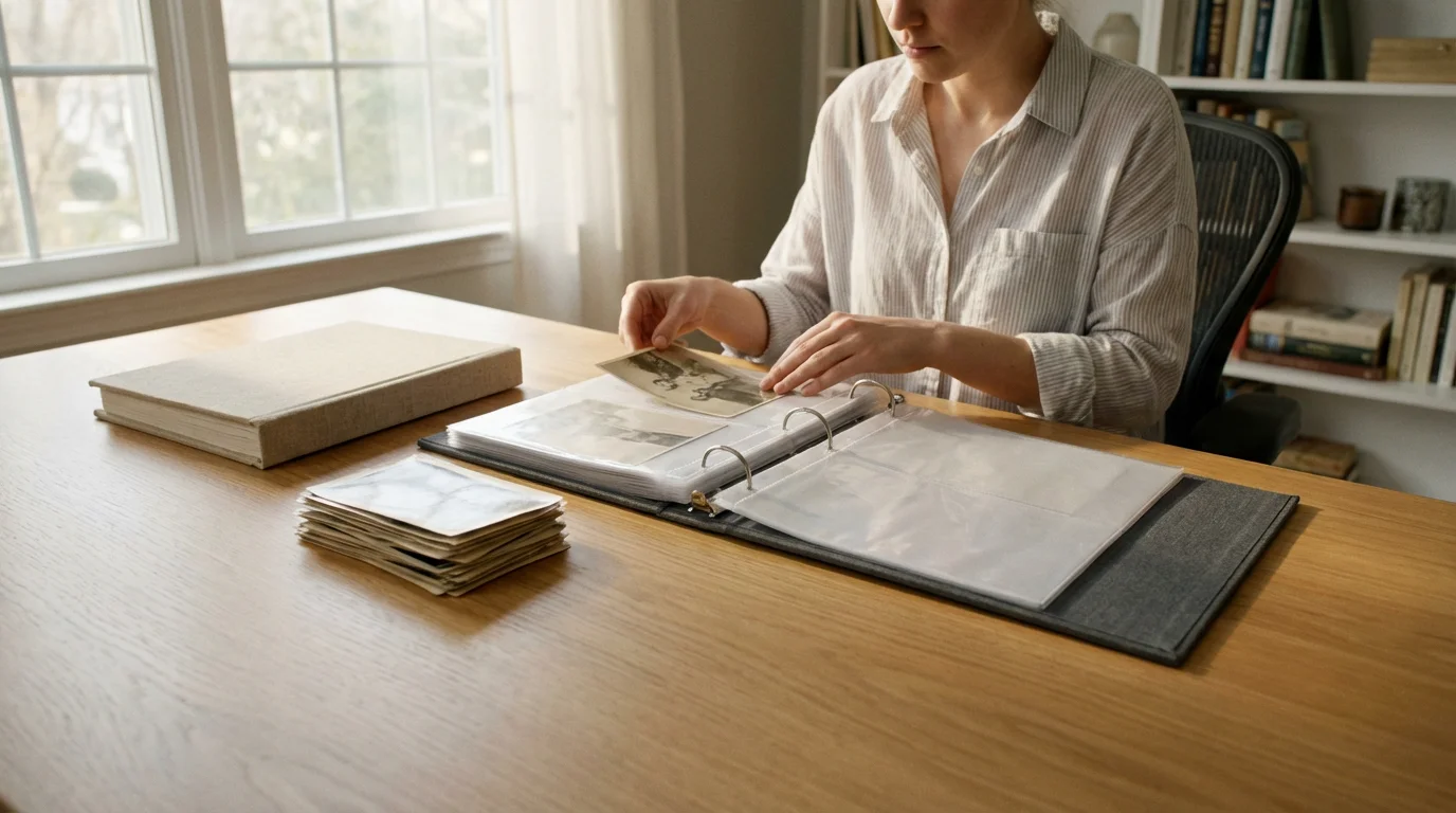 Person at a sunlit desk organizing vintage photos into different archival-quality photo albums.