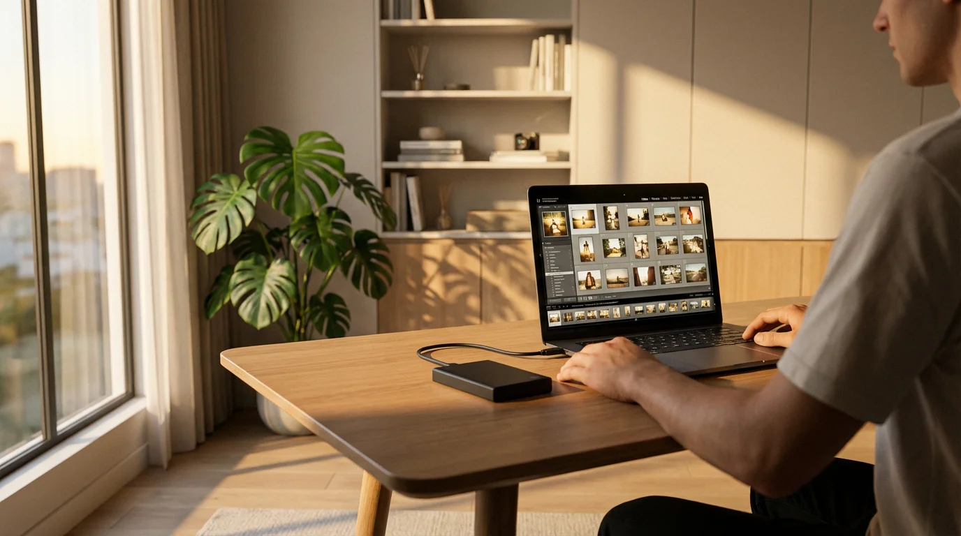 Person backing up vintage-style photos from a laptop to an external hard drive during golden hour.