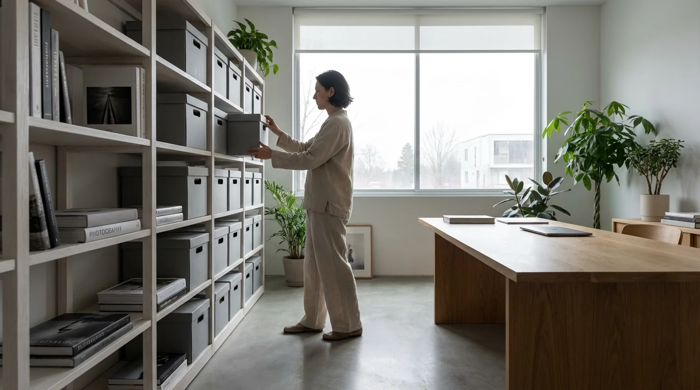 Person carefully placing an archival storage box of film negatives onto a bookshelf.
