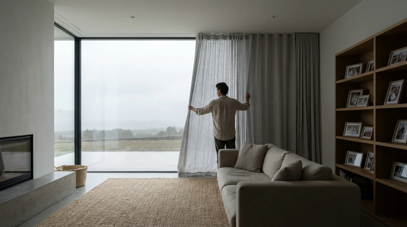 Person closing a curtain in a living room to protect framed photos on a bookshelf.