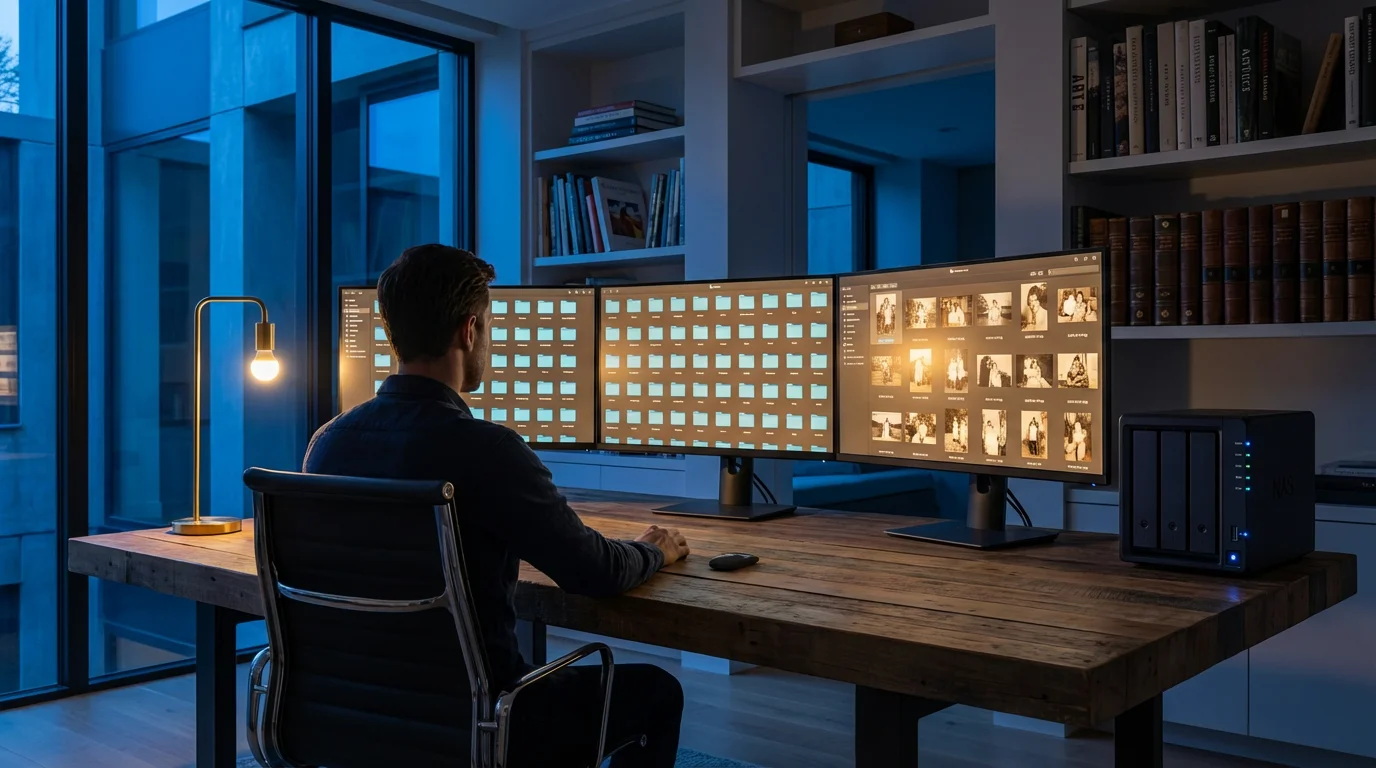 Person in home office organizing digitized family photos on multiple monitors at dusk.