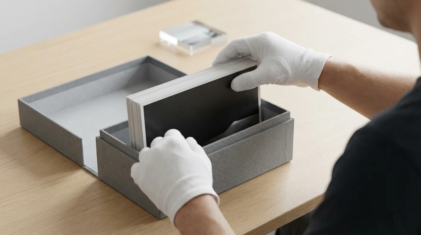 Person in white gloves placing black and white photographs into an archival storage box.