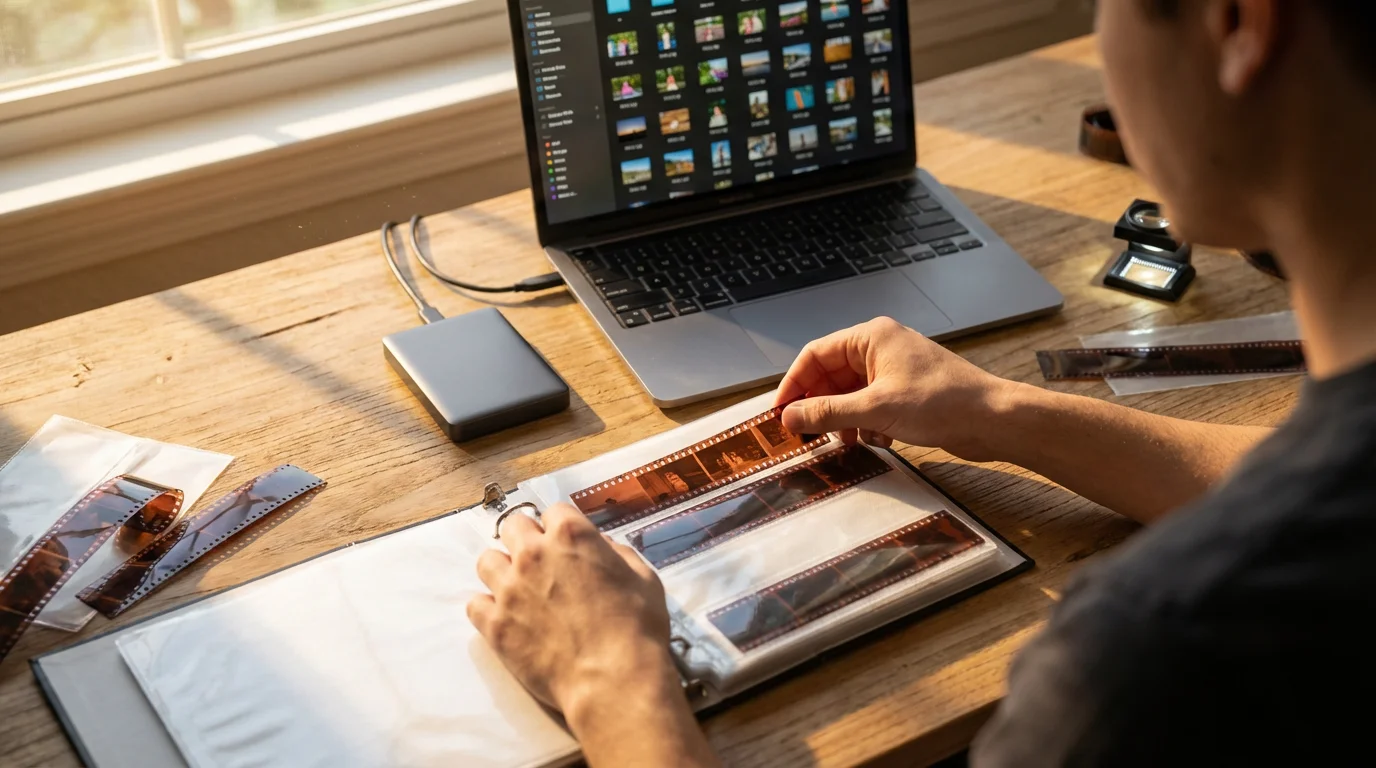 Person organizing 35mm film negatives and digital files on an external hard drive at dusk.