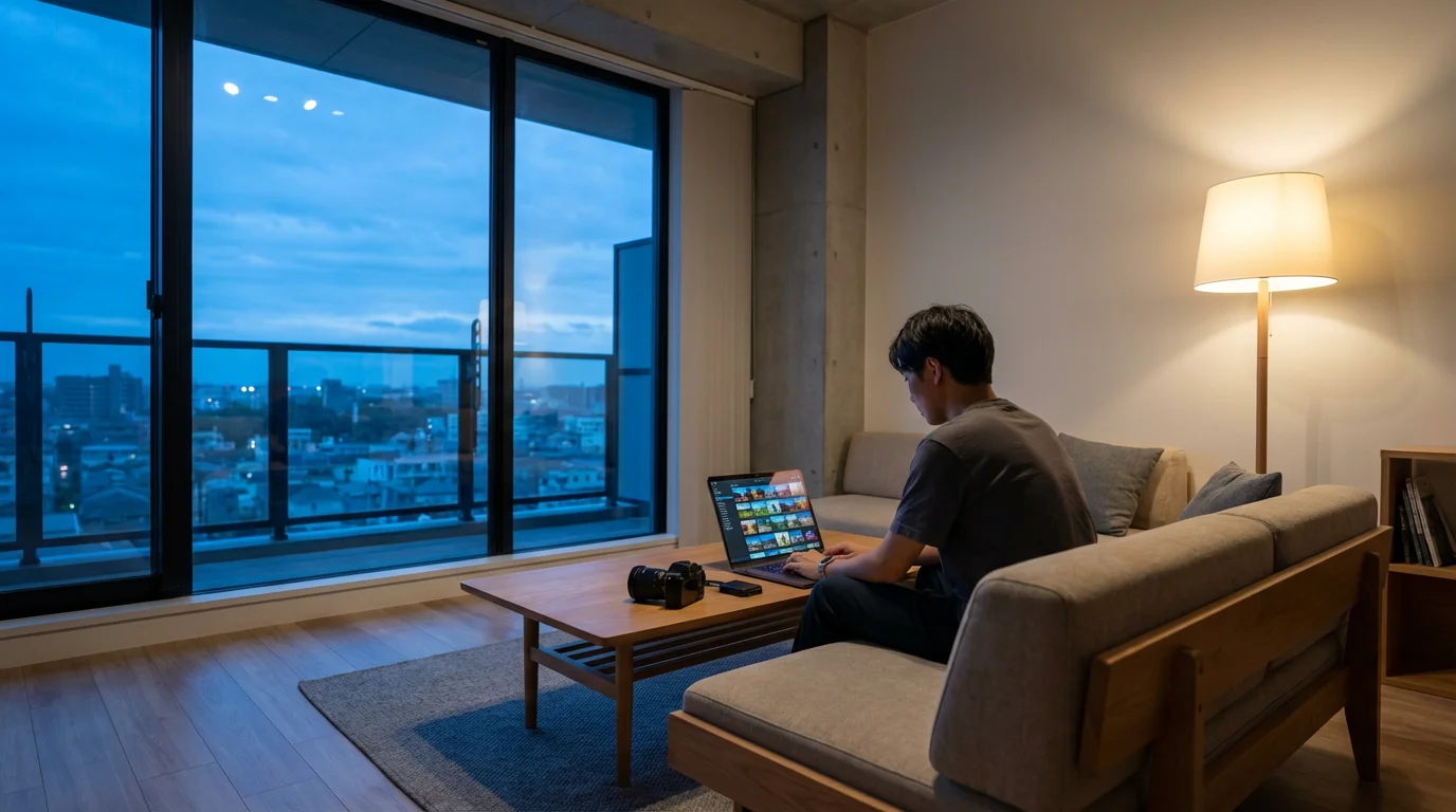 Person organizing digital photos on a laptop in a modern living room at dusk.