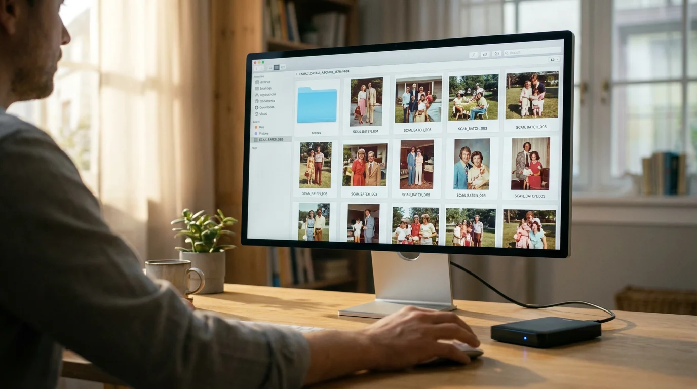Person organizing newly digitized vintage family photos on a computer monitor at a desk.