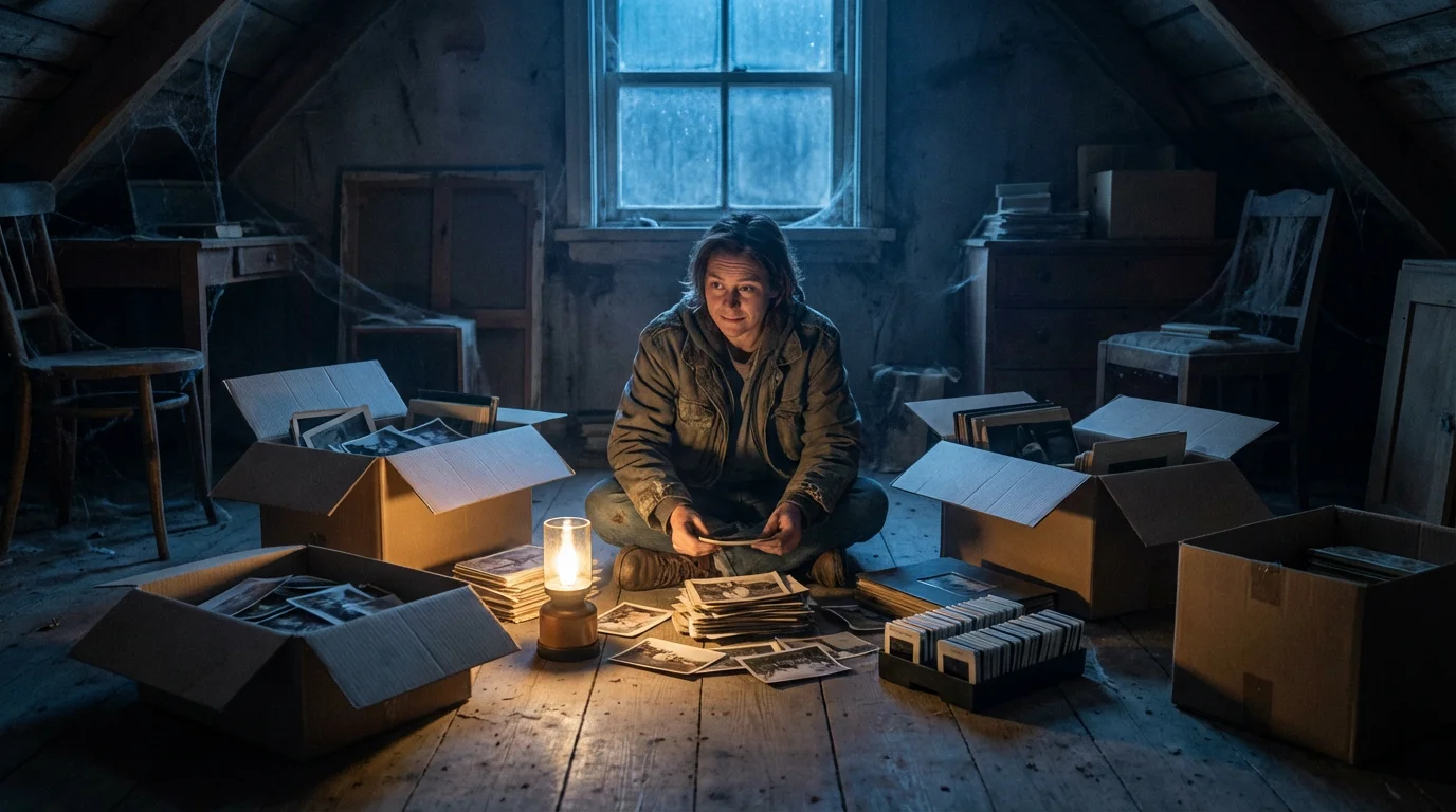 Person sorting through boxes of old physical photographs in a dusty attic at twilight.