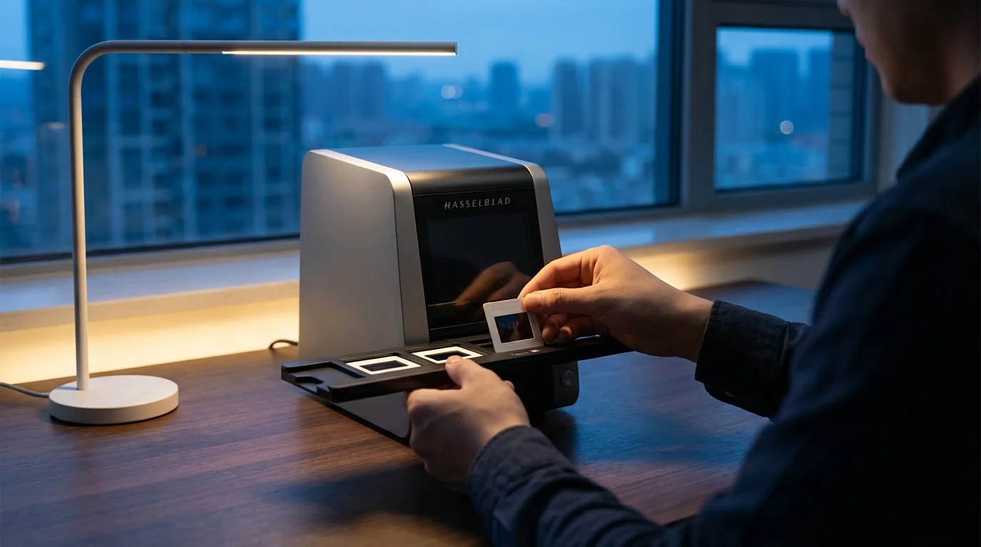 Person using a dedicated film scanner to digitize 35mm photographic slides at a desk.