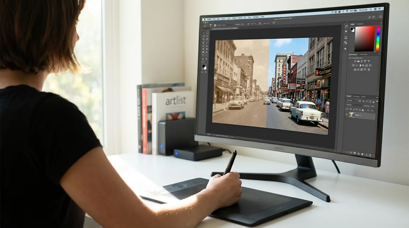Person using a graphics tablet to color correct a vintage photo on a computer.
