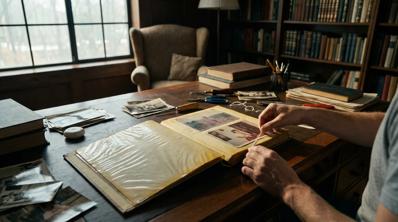 Person using dental floss to gently lift a photo from an old magnetic album.