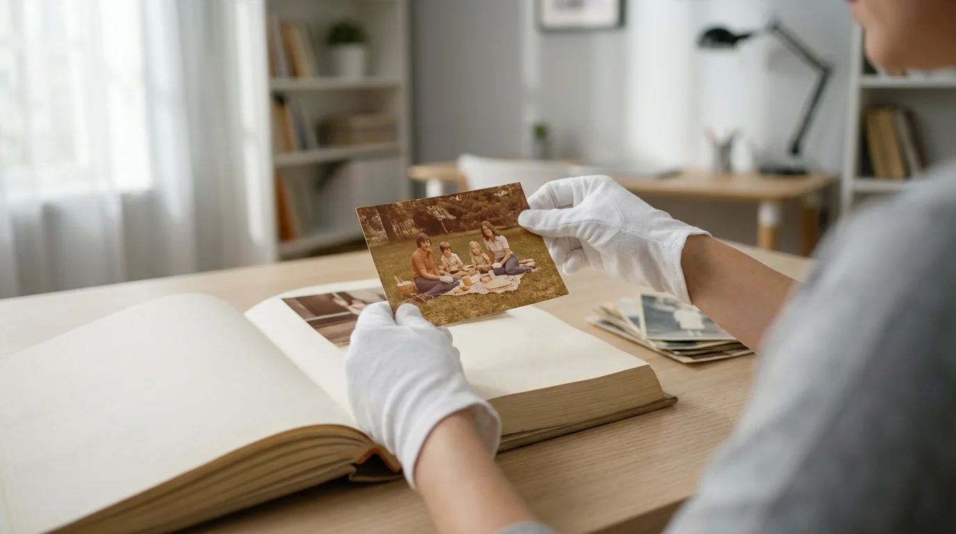 Person wearing gloves carefully placing a vintage physical photograph into an archival album.