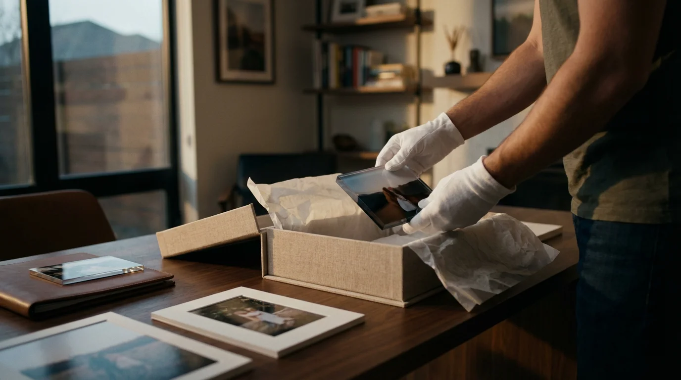 Person wearing white gloves carefully placing photo keepsakes into an archival storage box.
