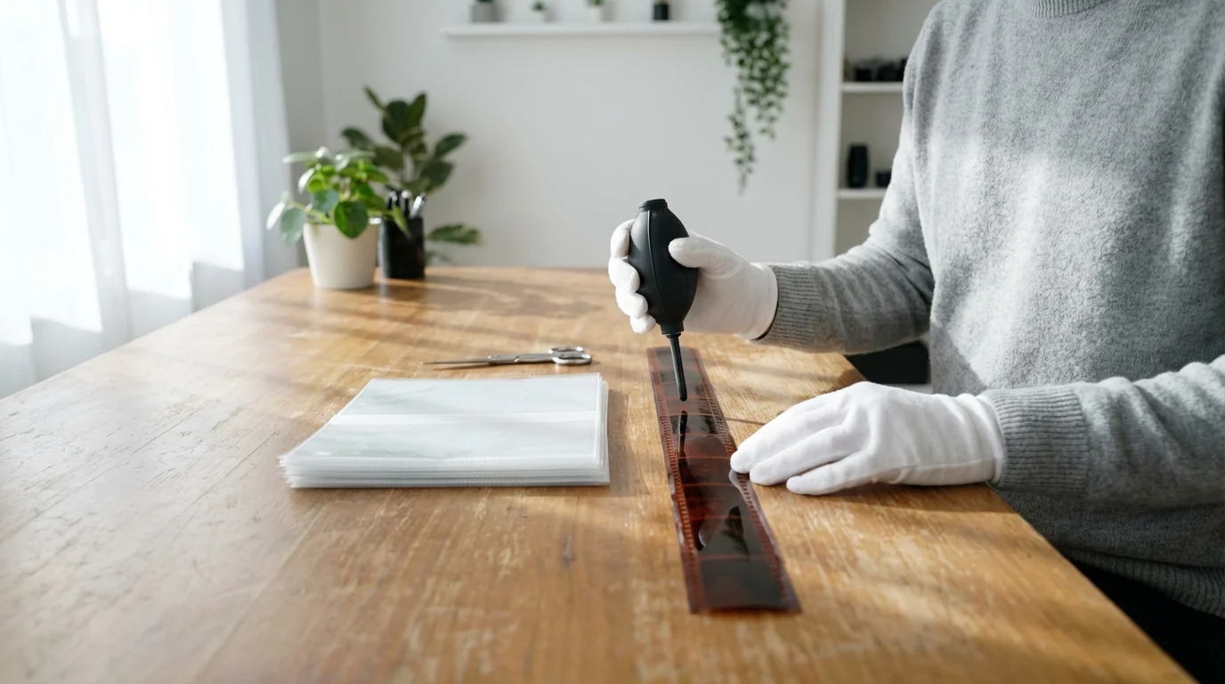 Person wearing white gloves cleaning 35mm film negatives with an air blower at a desk.