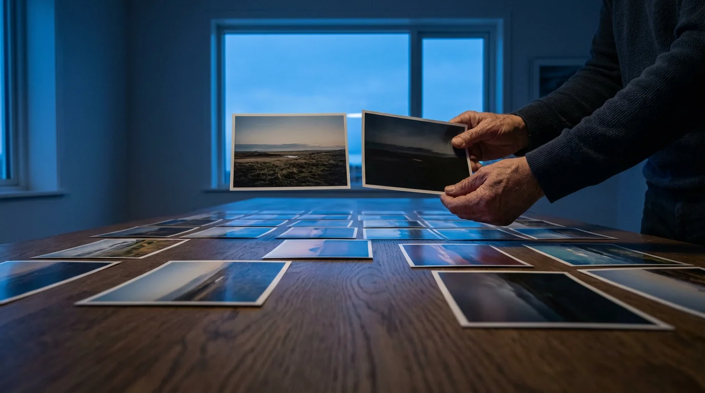 Person's hands comparing a poorly edited dark photo print to a perfect one.