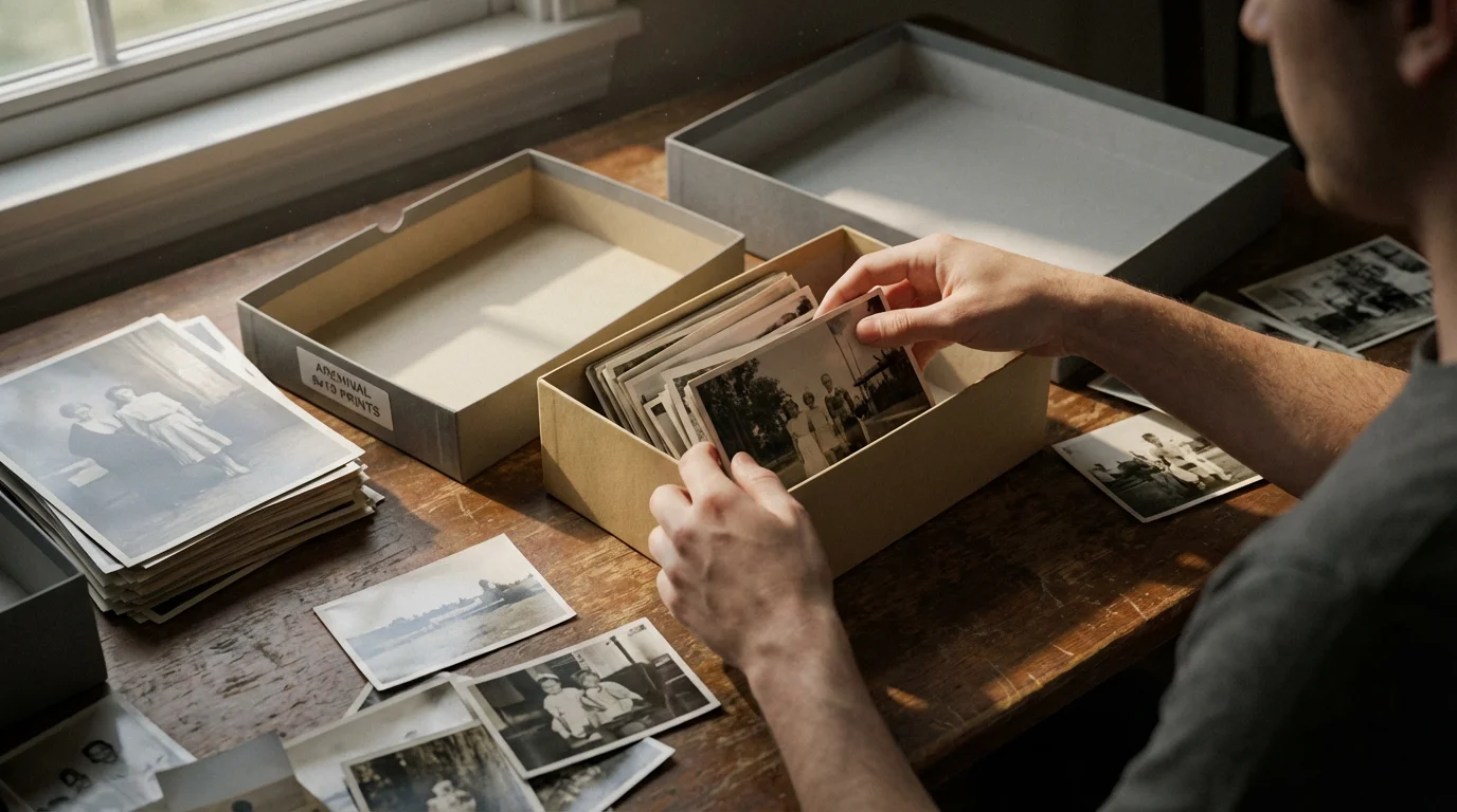 Person's hands sorting different sized photographs into various archival storage boxes on a table.