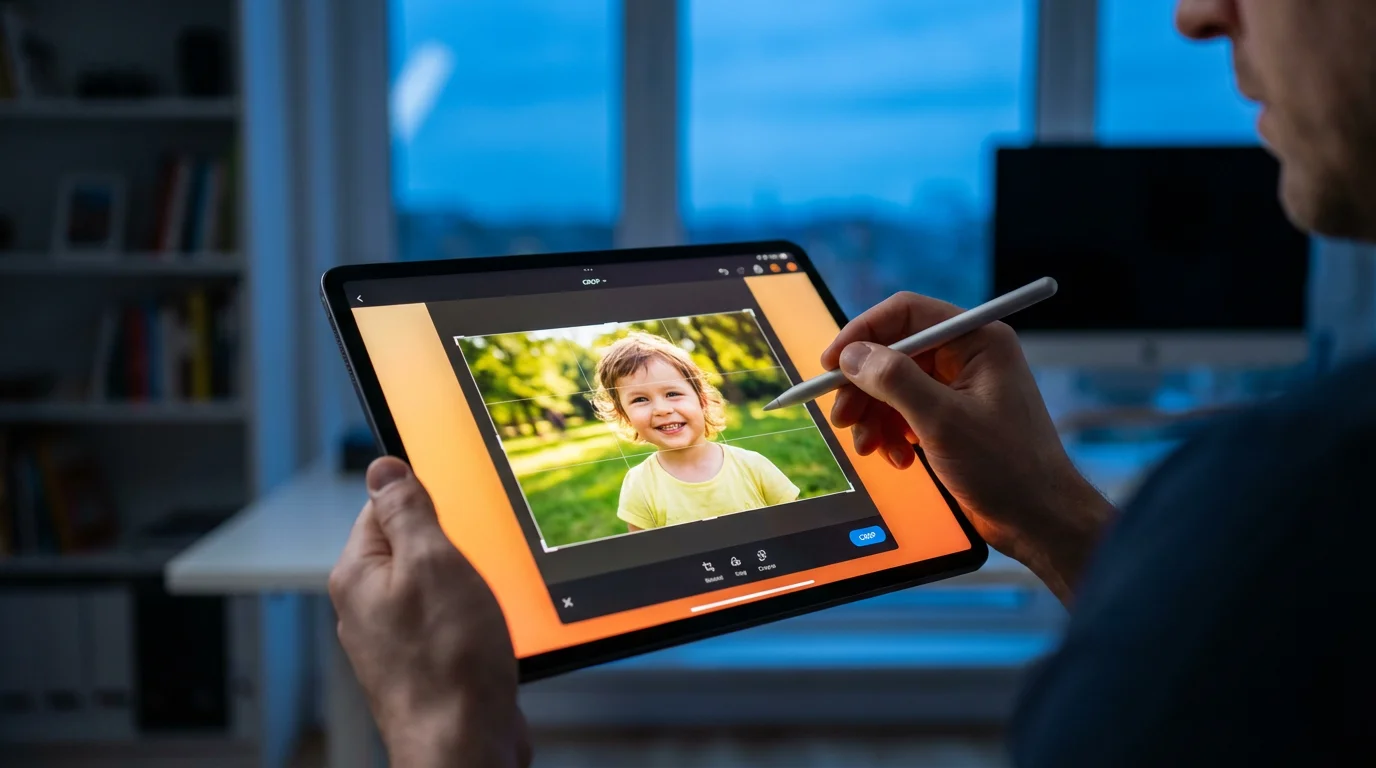 Person's hands using a stylus to crop a child's portrait photo on a tablet.