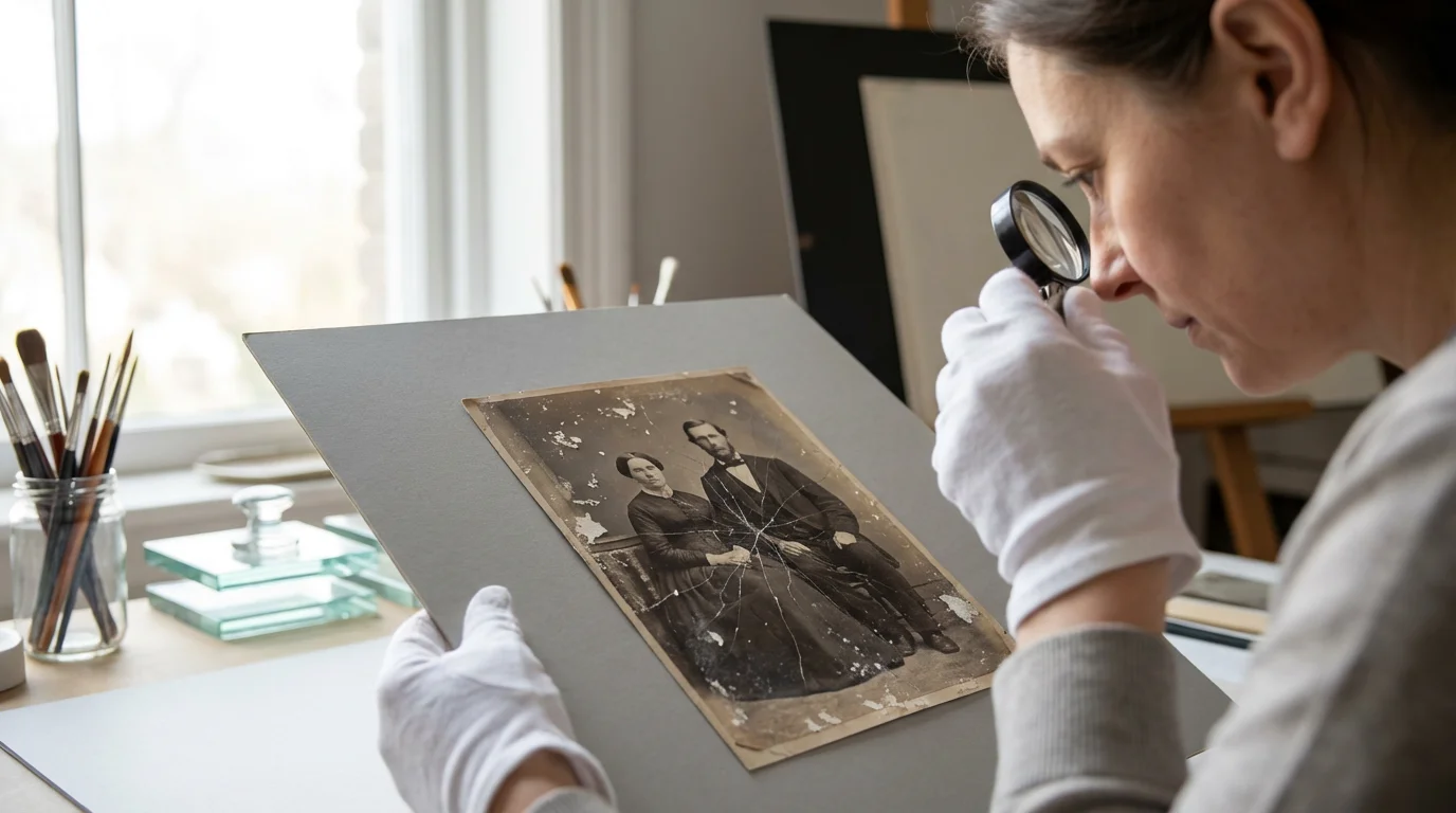 Photo conservator in gloves examines a damaged antique photograph under a magnifying loupe.
