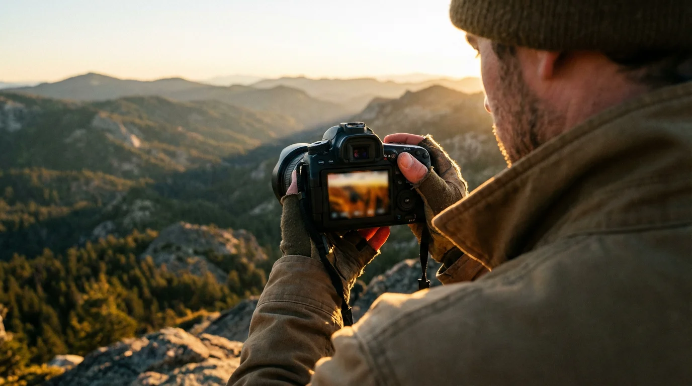 Photographer from behind adjusting camera settings while overlooking a mountain range during golden hour.