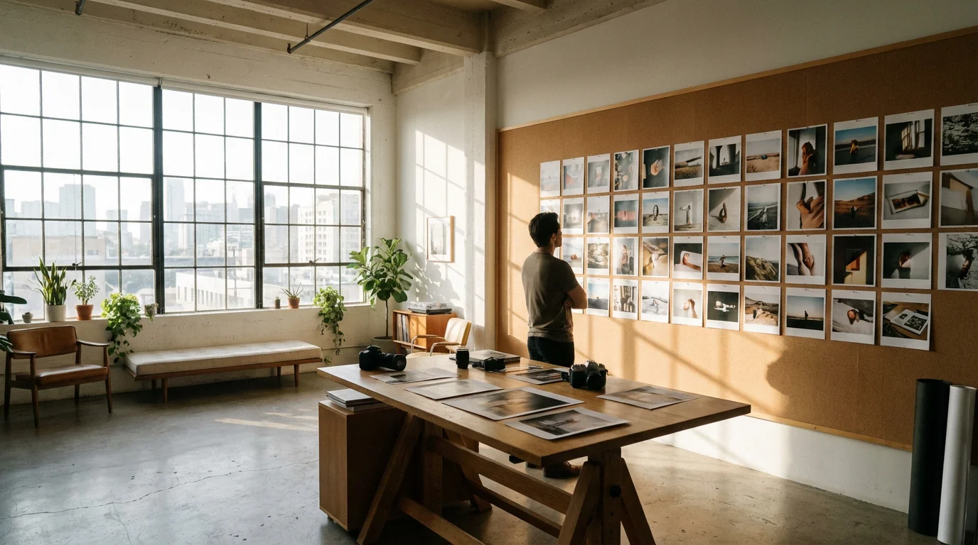 Photographer in a sunlit studio evaluating composition of printed photos on a large wall.
