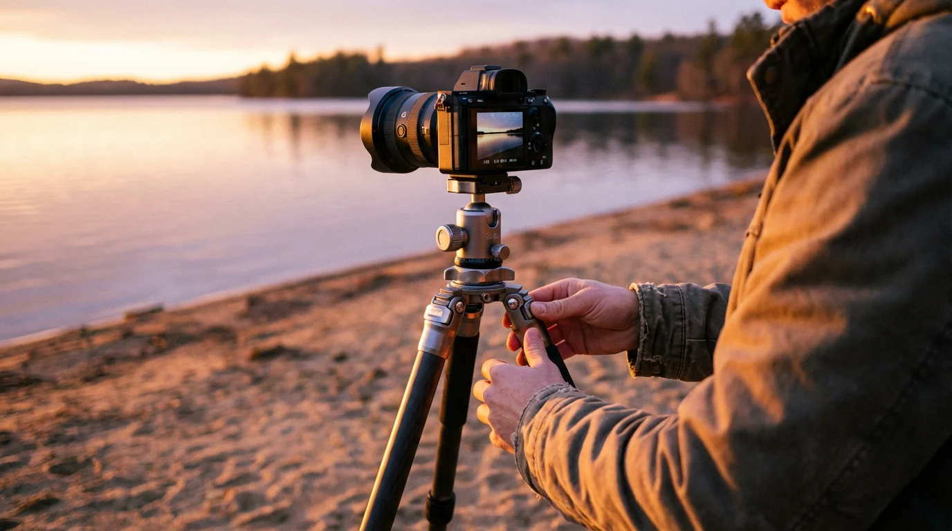 Photographer setting up a camera on a tripod on a lakeside beach during sunset.