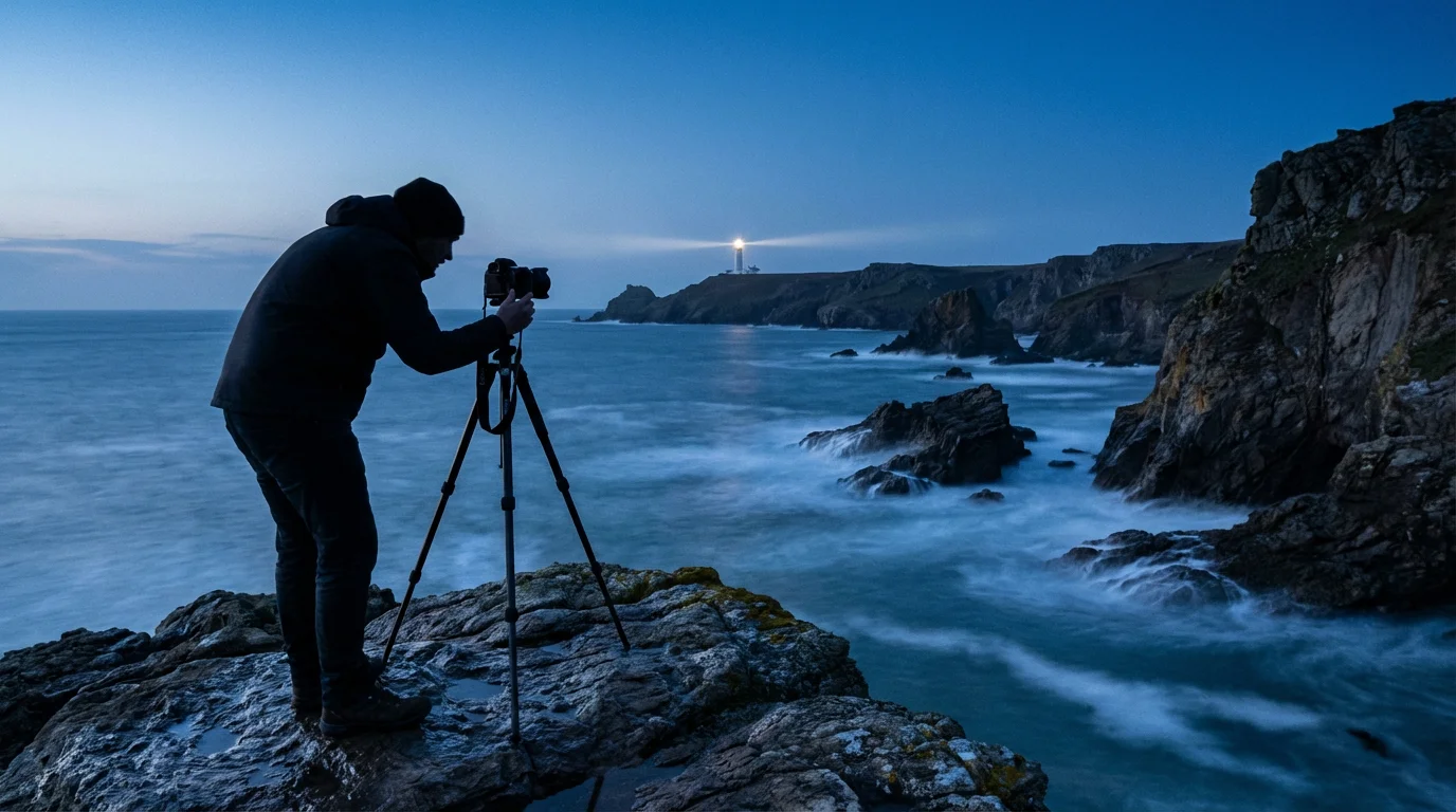 Photographer with a tripod capturing a sharp coastal landscape with a lighthouse at dusk.