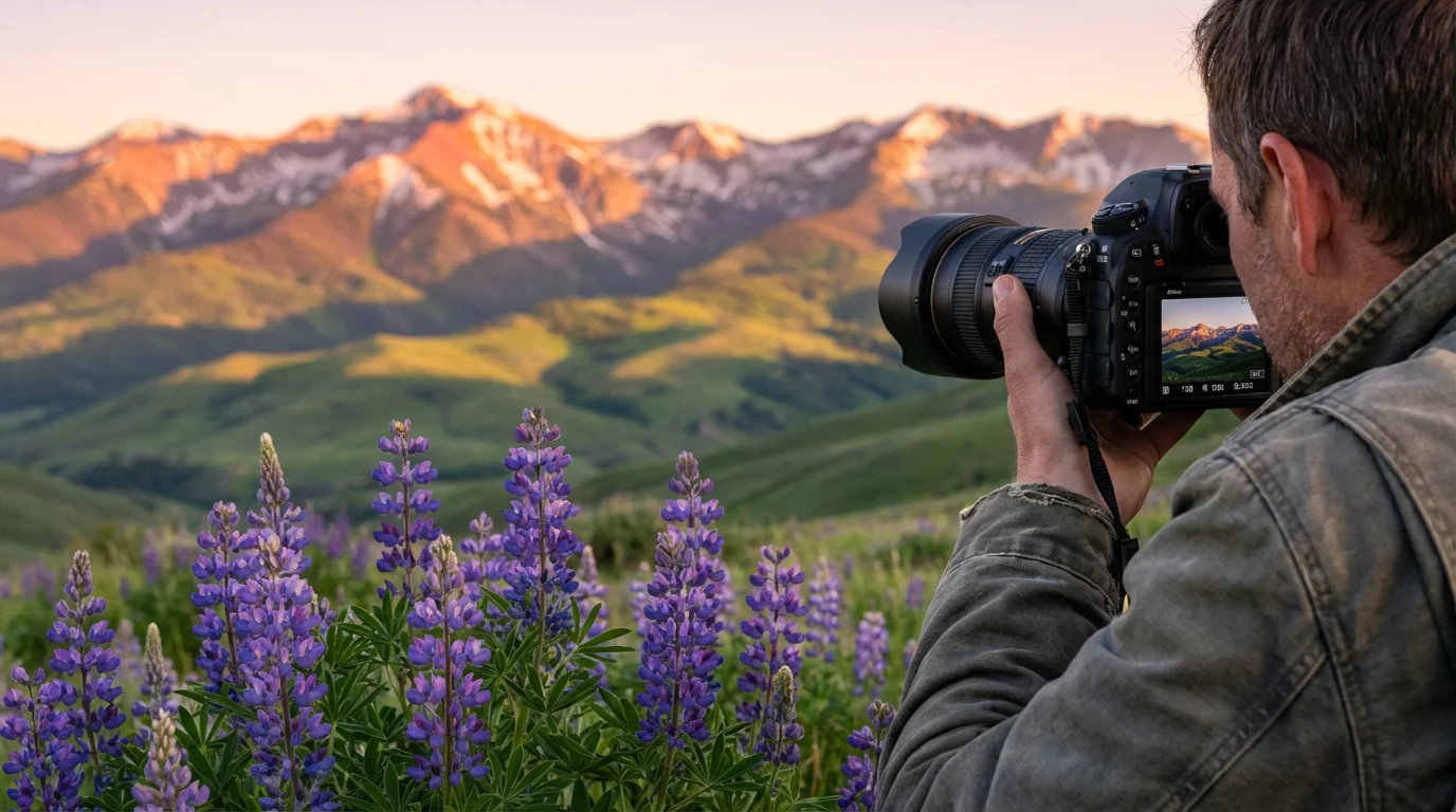 Photographer's perspective over purple wildflowers towards a majestic mountain range during a golden hour sunset.