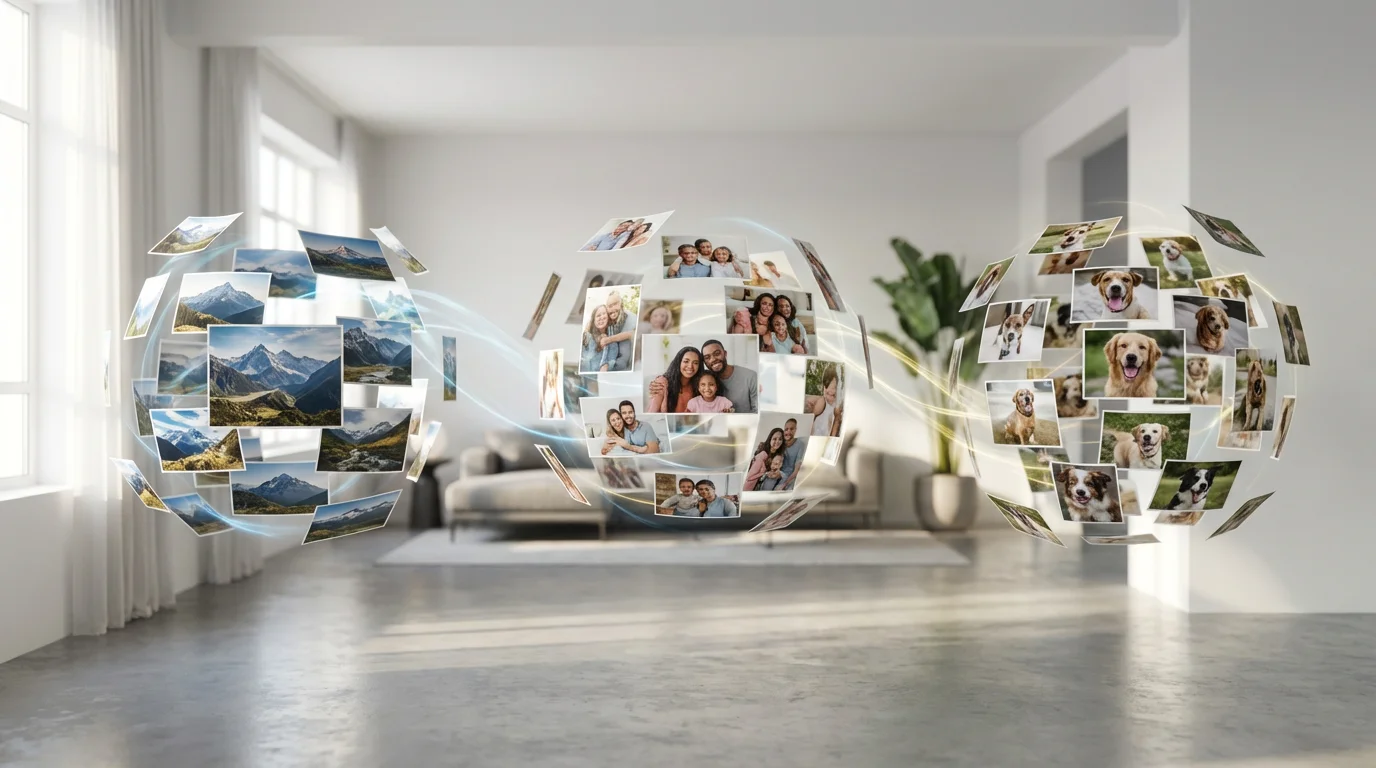 Photographs floating and organizing themselves into clusters in a sunlit, modern room, representing AI.