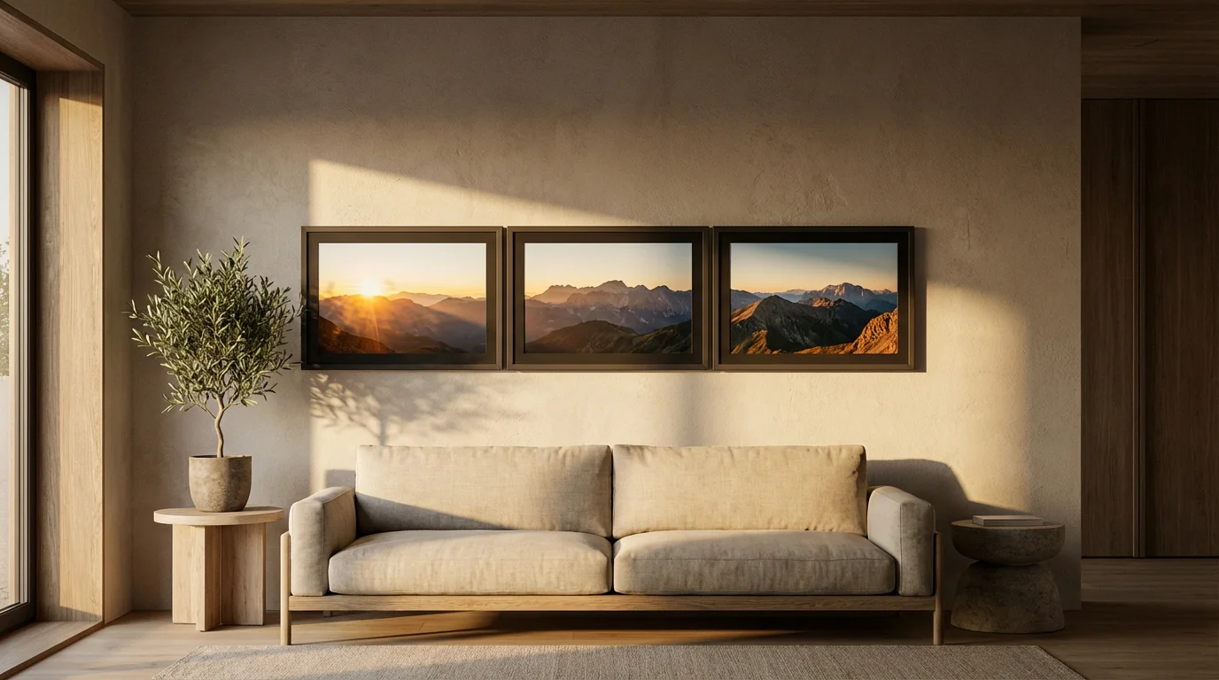 Three digital frames on a living room wall display a single panoramic mountain photo.