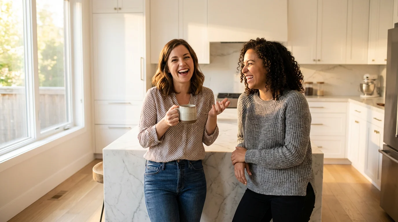 Two friends laughing together in a sunlit modern kitchen during the morning.