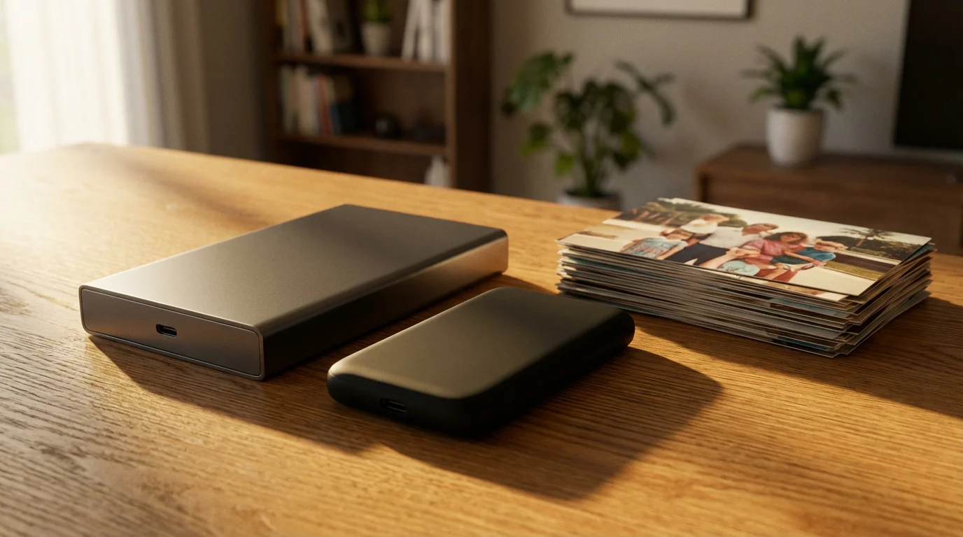 Two modern external hard drives next to a stack of vintage photographs at golden hour.