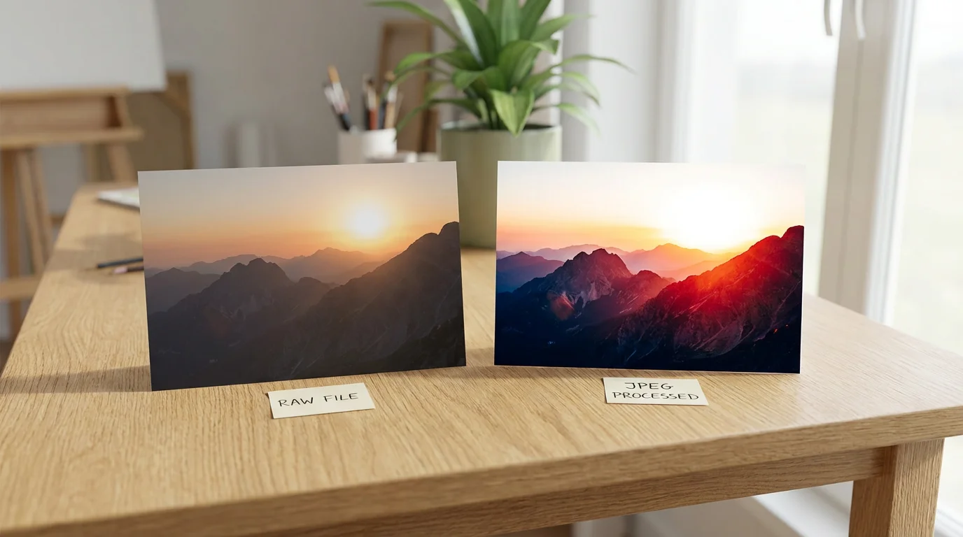 Two photo prints of a mountain sunset on a wooden table comparing RAW vs JPEG formats.