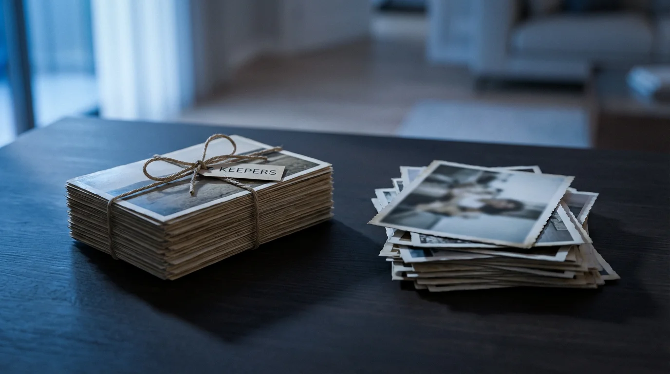 Two stacks of photos on a dark desk during blue hour, one tidy, one messy.