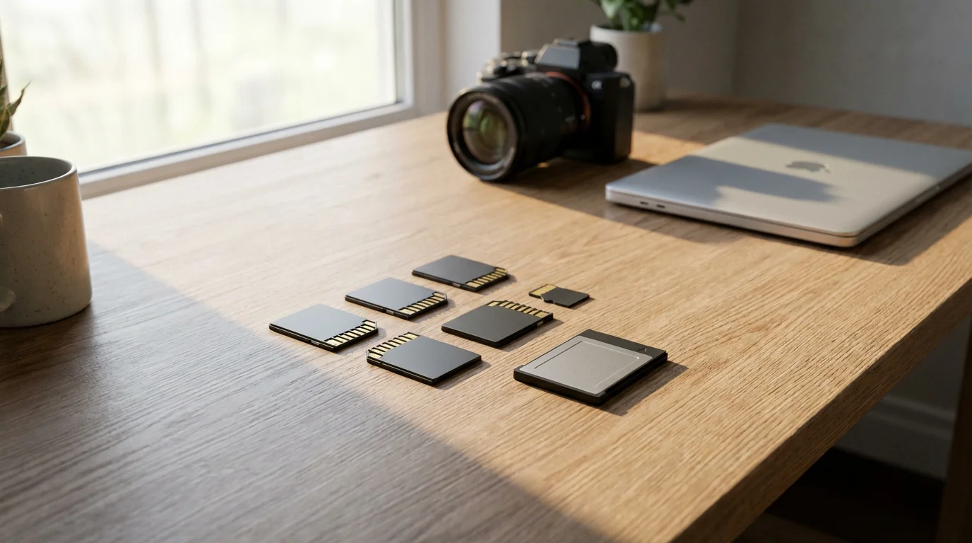 Various types of memory cards neatly arranged on a modern wooden desk.