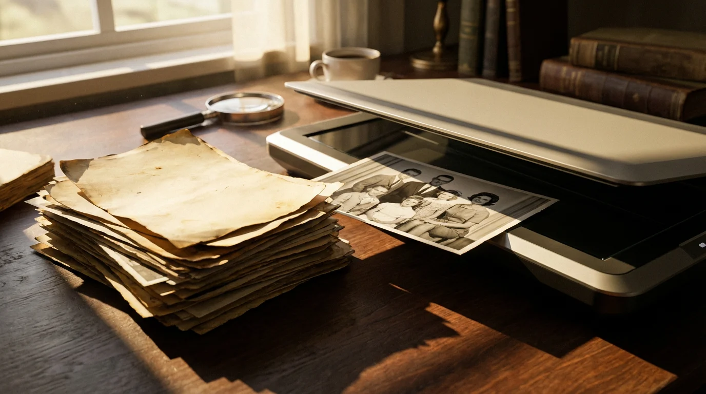 Vintage photographs and a modern scanner on a wooden desk during a moody afternoon.