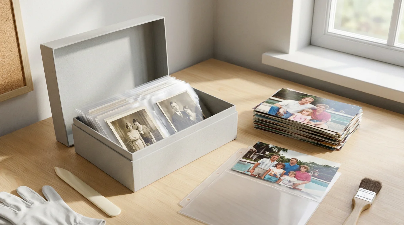 Vintage photographs being placed into archival-safe sleeves and a storage box on a desk.