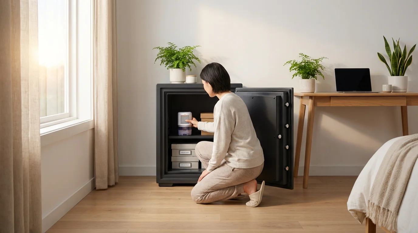 Wide shot of a person adjusting a dehumidifier inside a fireproof safe for photos.