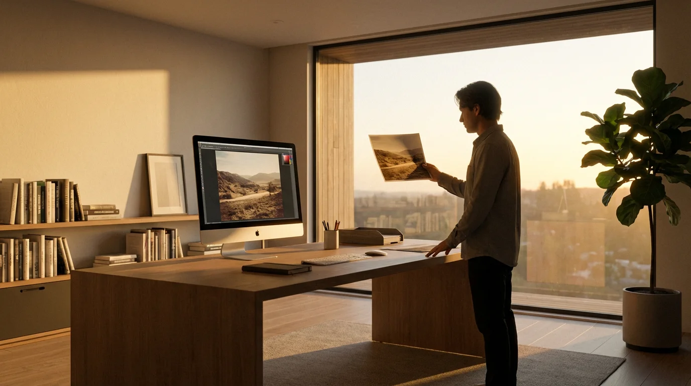 Wide shot of a person in a sunlit home office reviewing a color-corrected photograph.
