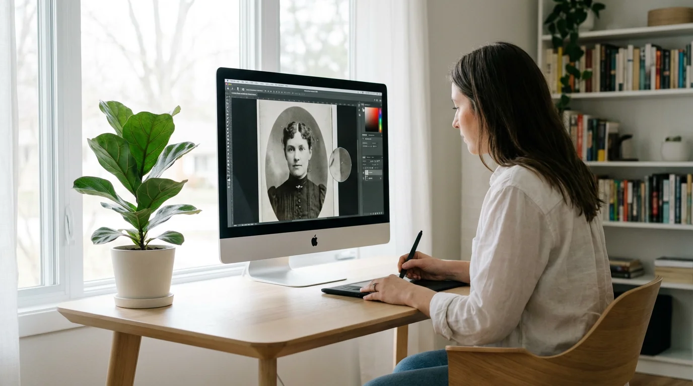Wide shot of a person in a sunlit studio digitally restoring a vintage scanned photograph.