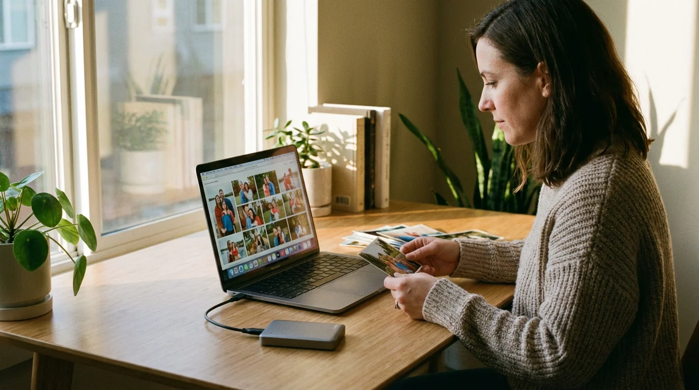 Woman at a desk with a laptop and external hard drive organizing family photos.