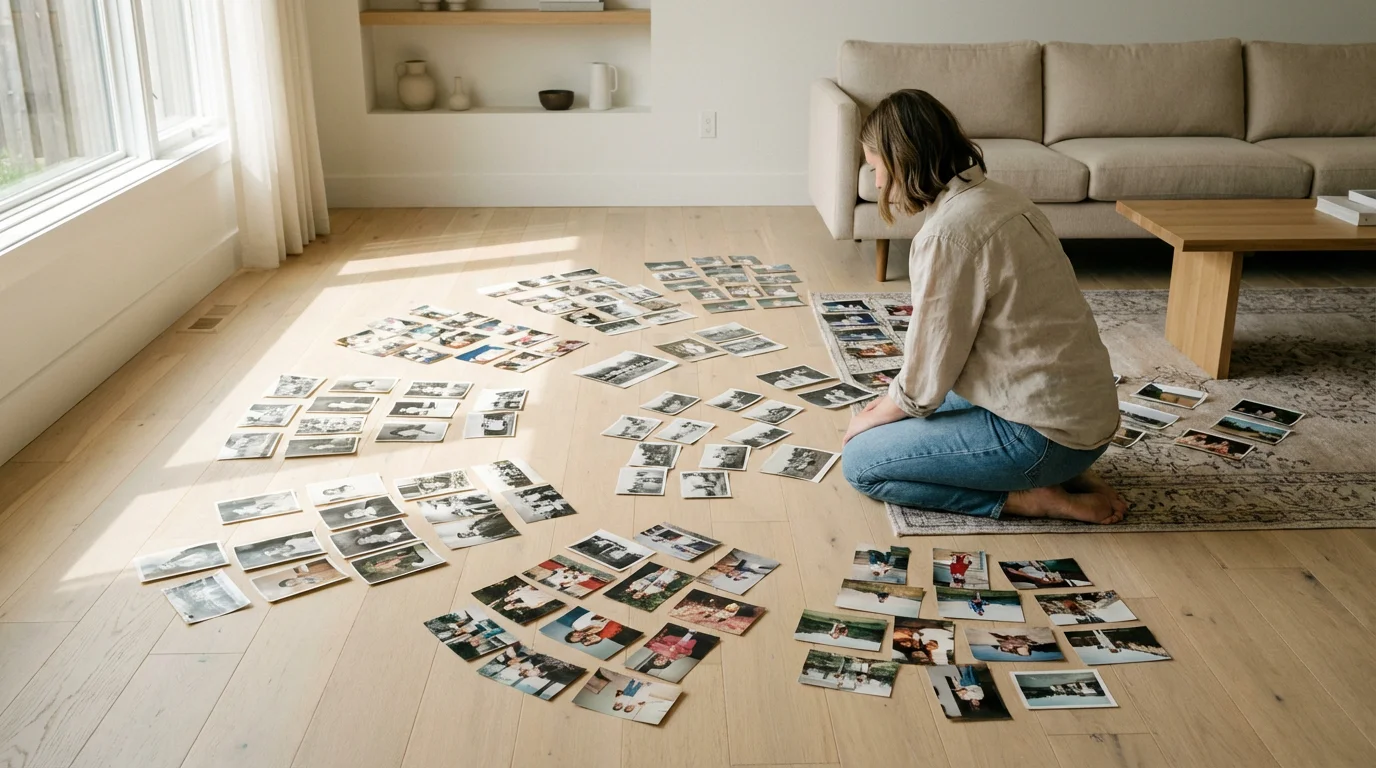 Woman curating a large collection of family photographs on a sunlit living room floor.