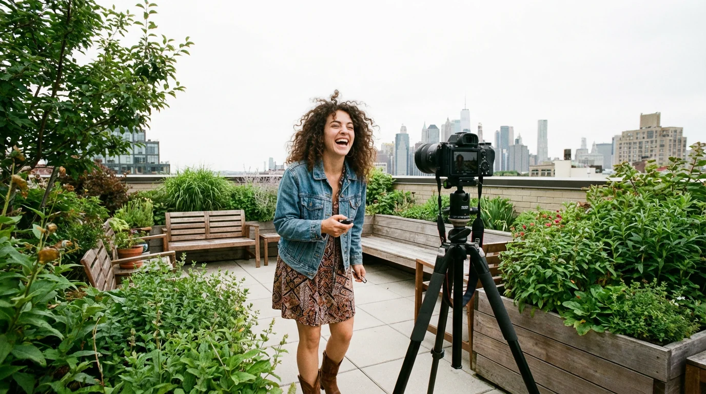 Woman laughing while taking a self-portrait with a tripod on a city rooftop garden.